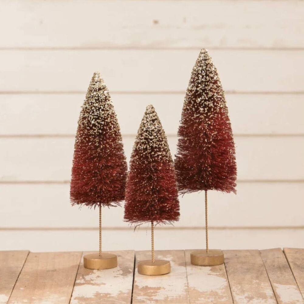 Bethany Lowe Set of 3 Ruby Gold Glow Bottle Brush Trees Christmas New Red
